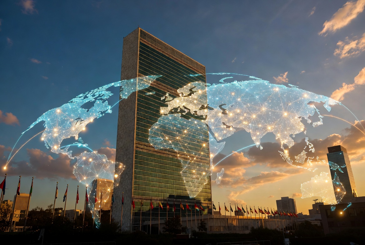 United Nations headquarters blended with glowing blockchain network connections