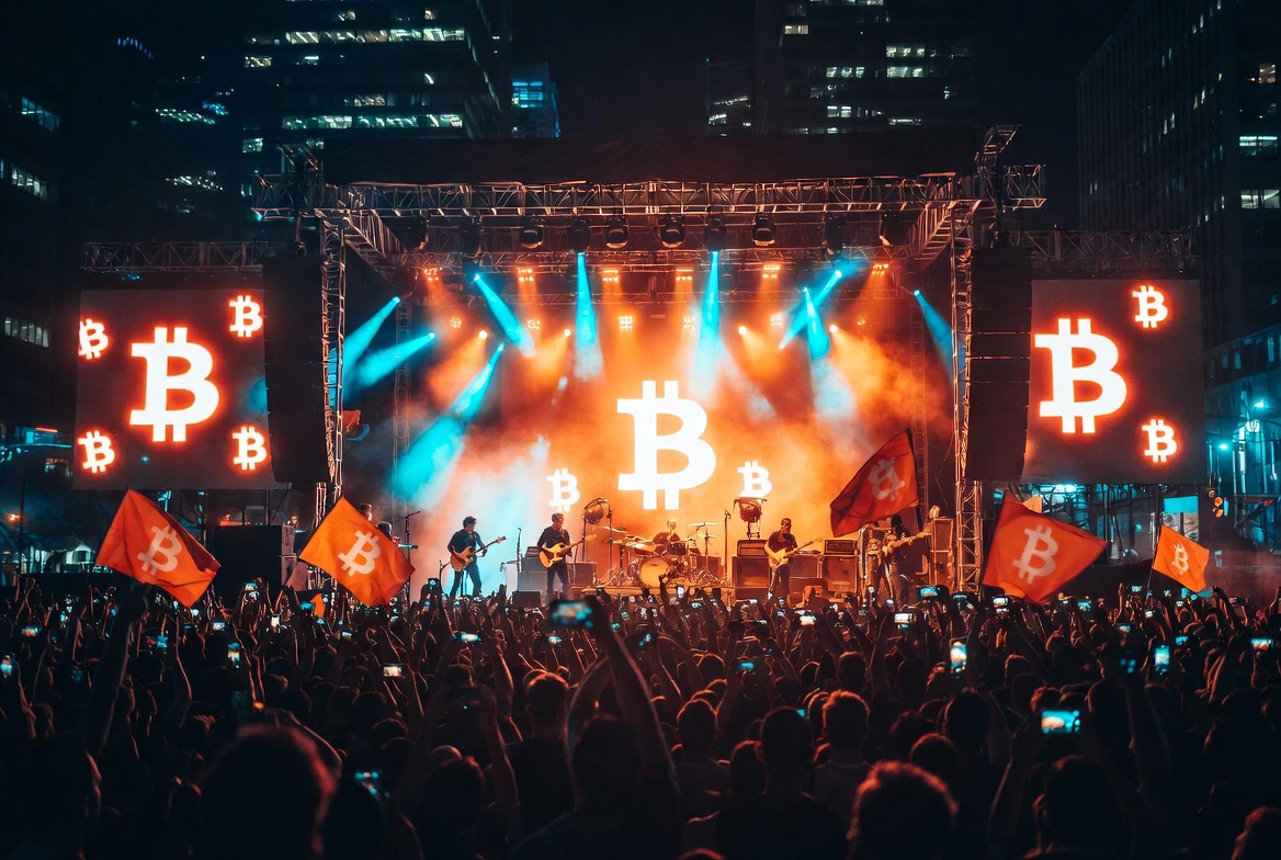 High-energy BitcoinPalooza concert in Times Square at night with live band on stage, massive cheering crowd, and glowing Bitcoin symbols