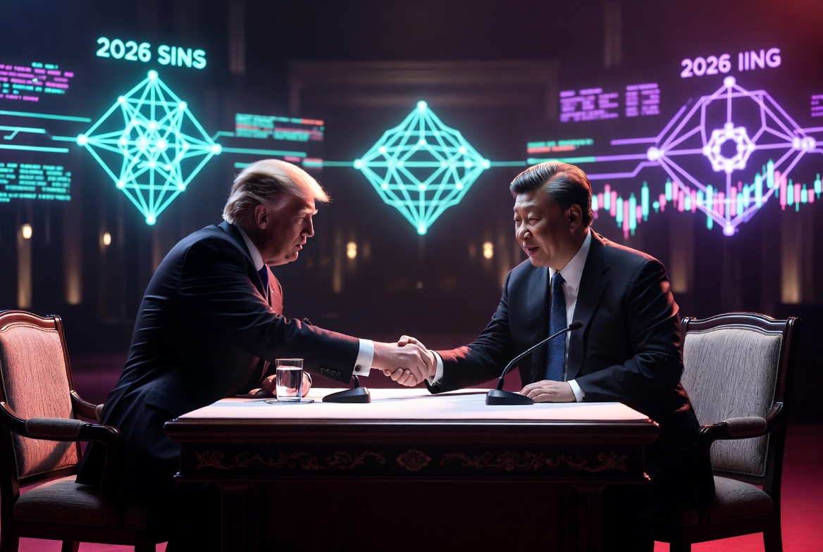 President Donald Trump and Xi Jinping shaking hands at the 2026 Beijing Summit with neon blockchain elements in background